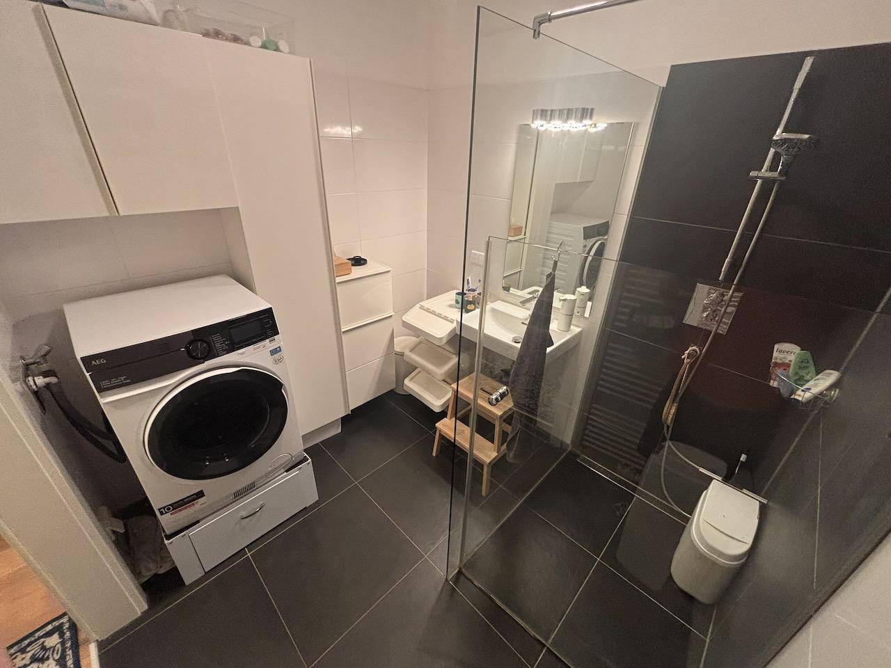 Modernes Badezimmer mit Dusche, Waschmaschine und dunklen Fliesen.