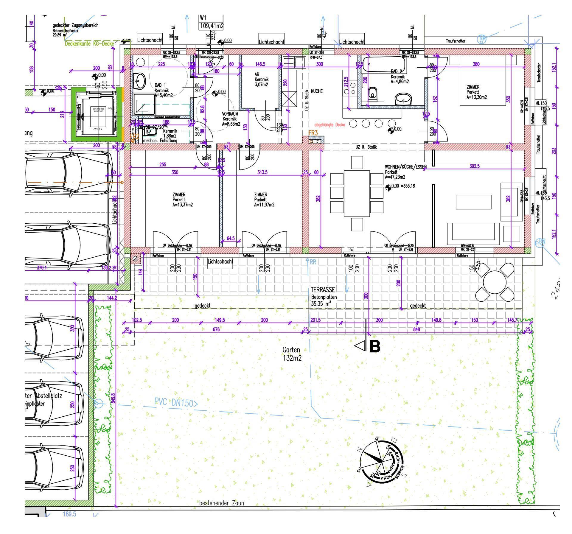 Detaillierter Grundriss einer Wohnung mit Terrasse, Garten und Parkplätzen.