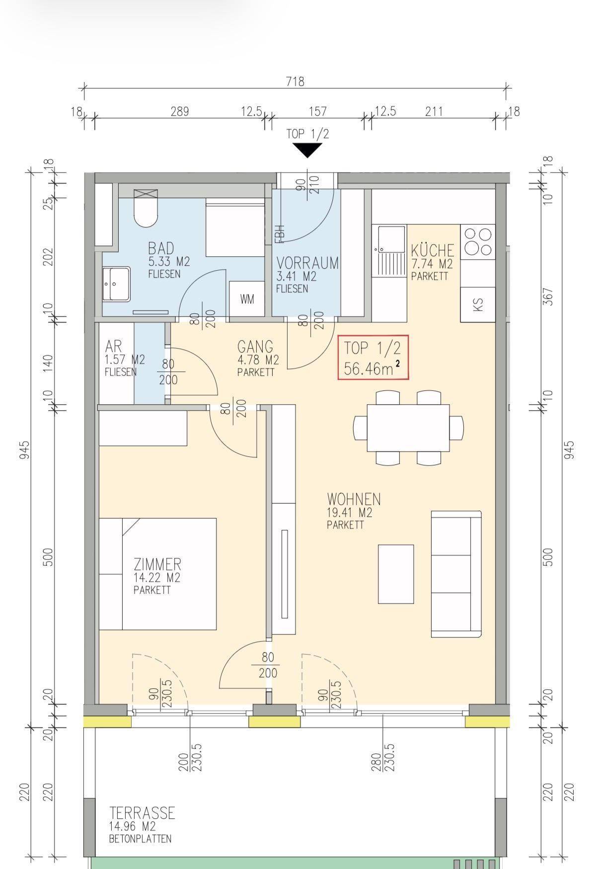 Grundriss einer Wohnung mit Wohnzimmer, Schlafzimmer, Küche, Bad und einer großzügigen Terrasse.