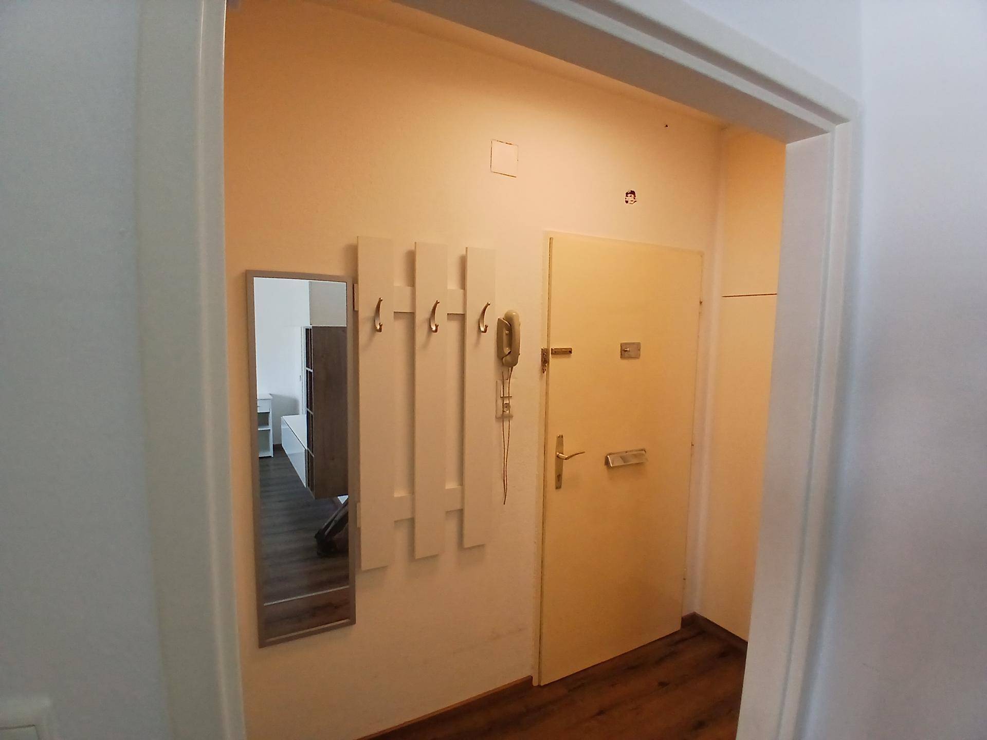Eingangsbereich mit Garderobe, Spiegel und heller Holztür, die in die Wohnung führt.