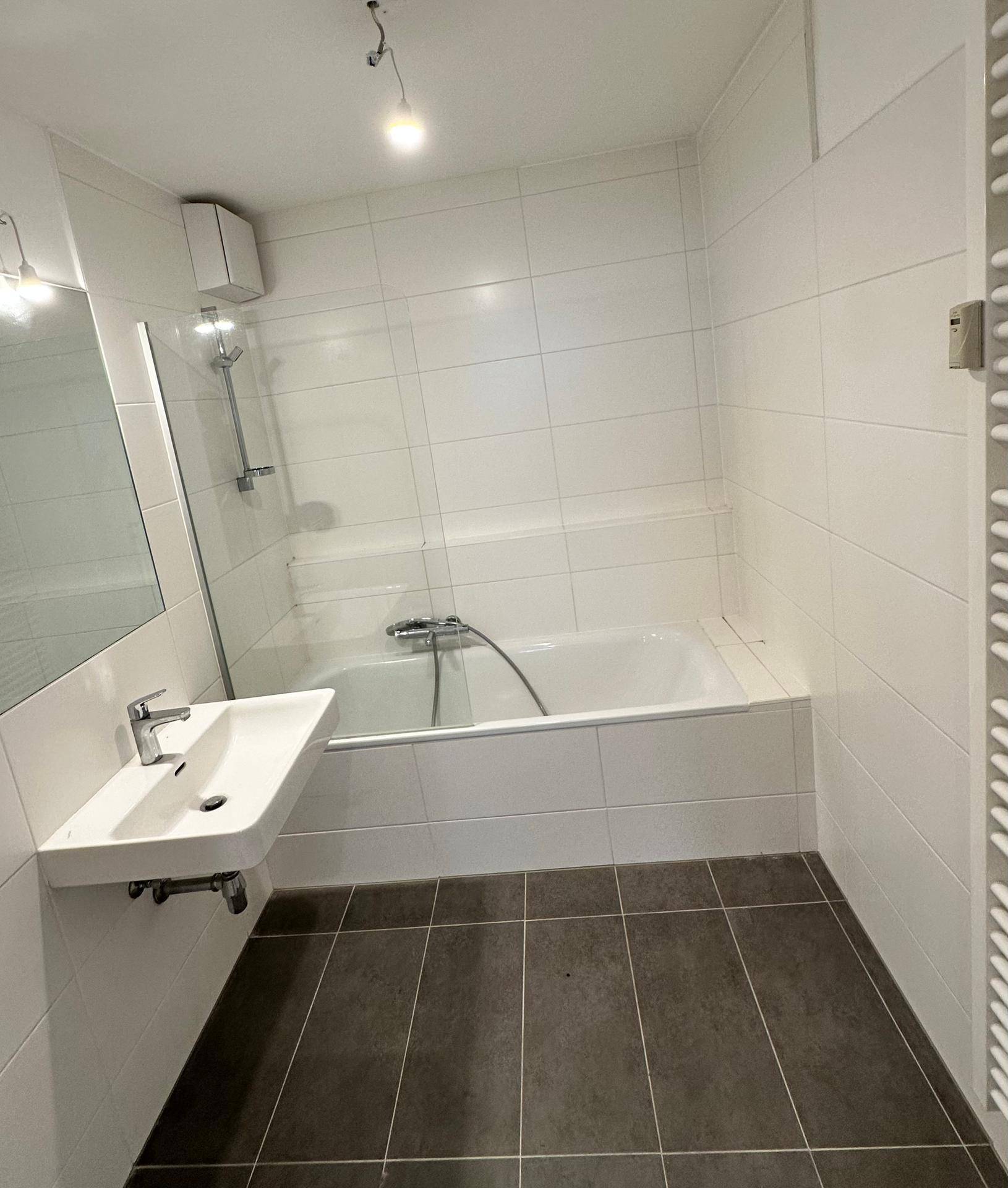 Modernes Badezimmer mit Badewanne, Duschabtrennung, Einzelwaschbecken und Handtuchheizkörper.