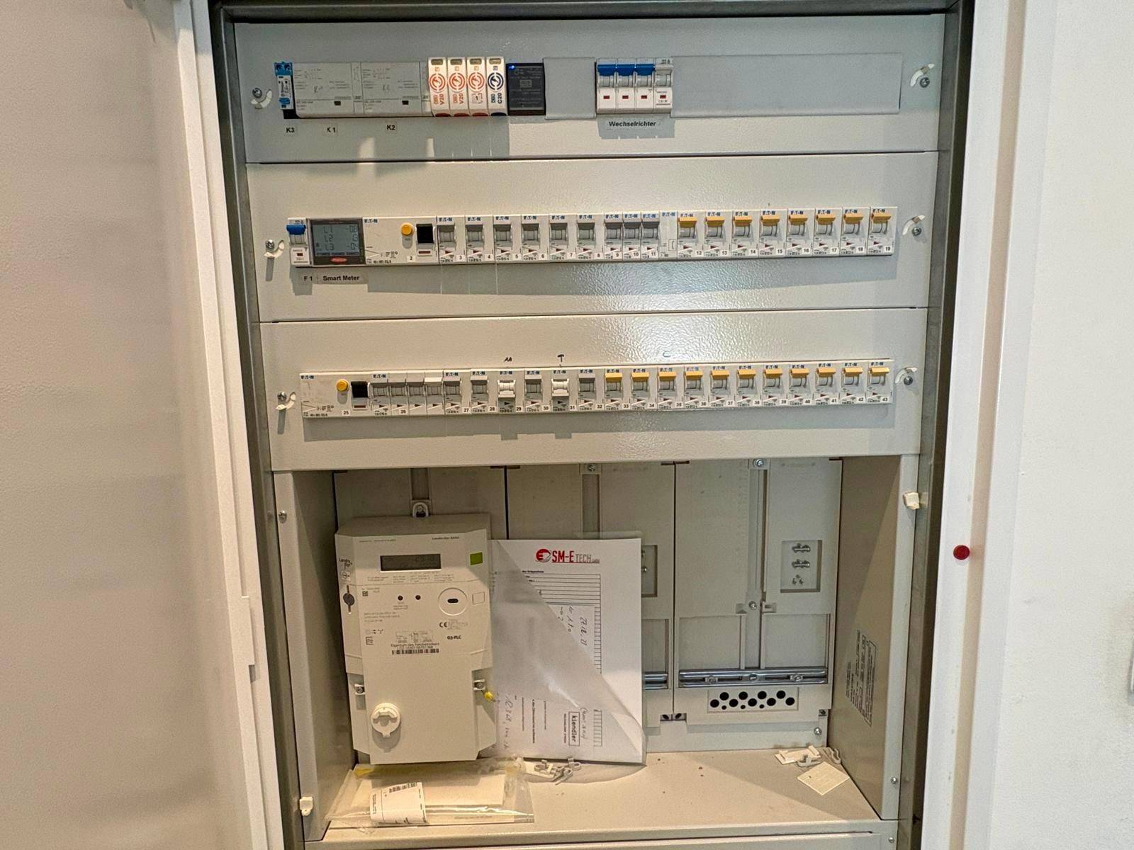 Moderner Sicherungskasten mit Smart Meter und verschiedenen Stromkreisen.