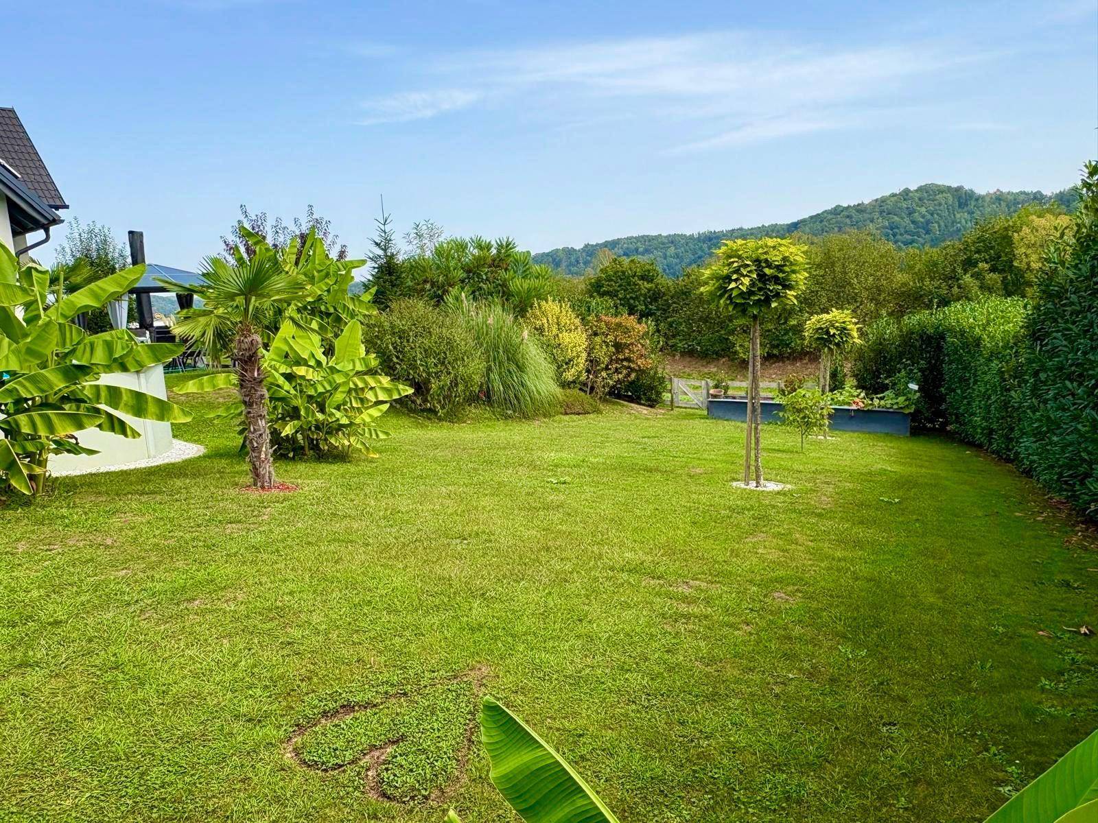 Gepflegter Garten mit Rasen, Hecke und weitem Blick auf die grüne Landschaft.