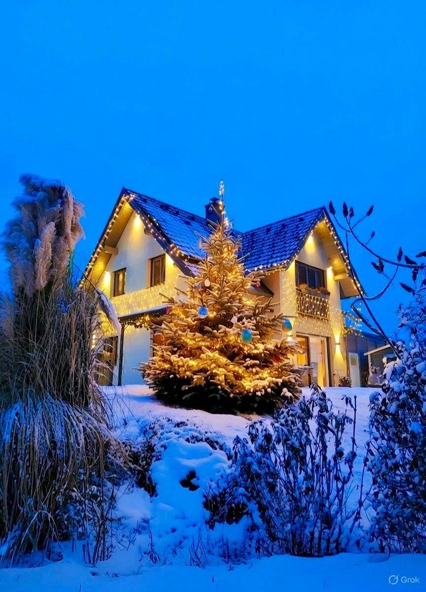 Festlich beleuchtetes Haus im Winter mit verschneitem Garten und geschmücktem Weihnachtsbaum.