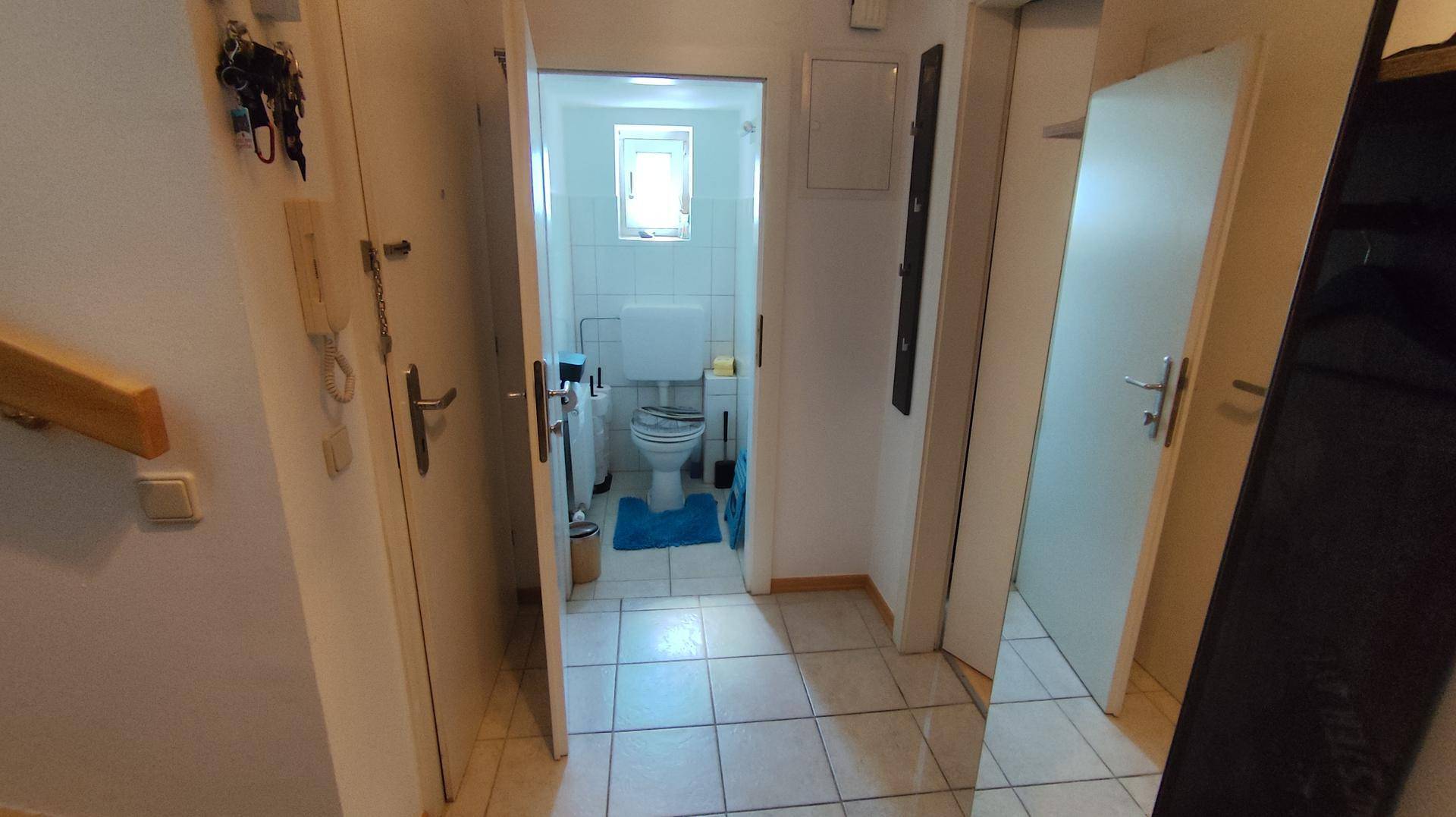 Kleines Gäste-WC mit Fenster, weiß gefliesten Wänden und Toilette vom Flur aus sichtbar.