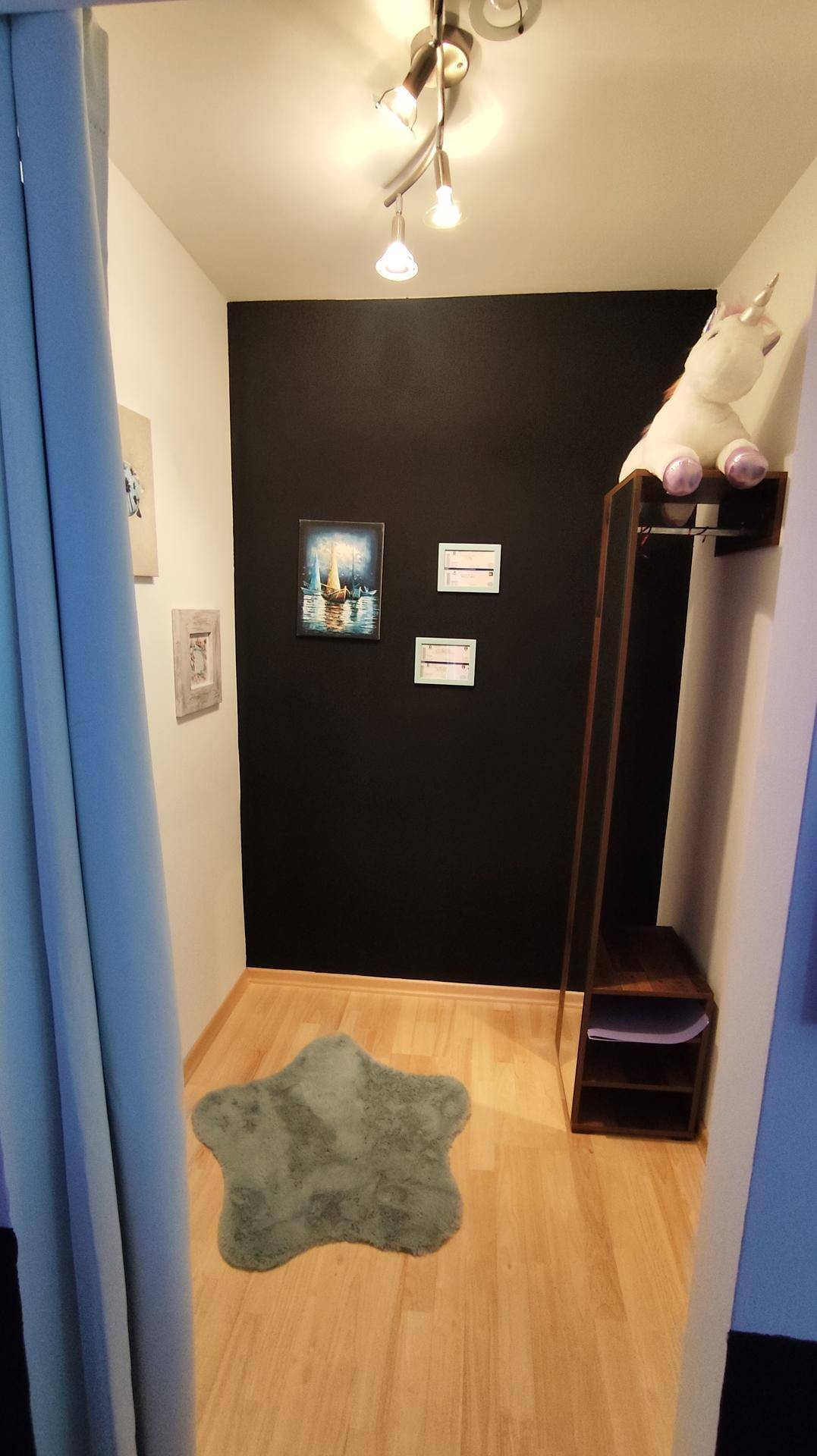 Eingangsbereich mit schwarzer Wand, einem hohen Spiegel und einem flauschigen Teppich, der Gemütlichkeit schafft.