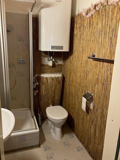 Kleines Badezimmer mit Duschkabine, Toilette und Bambus-Wandverkleidung.