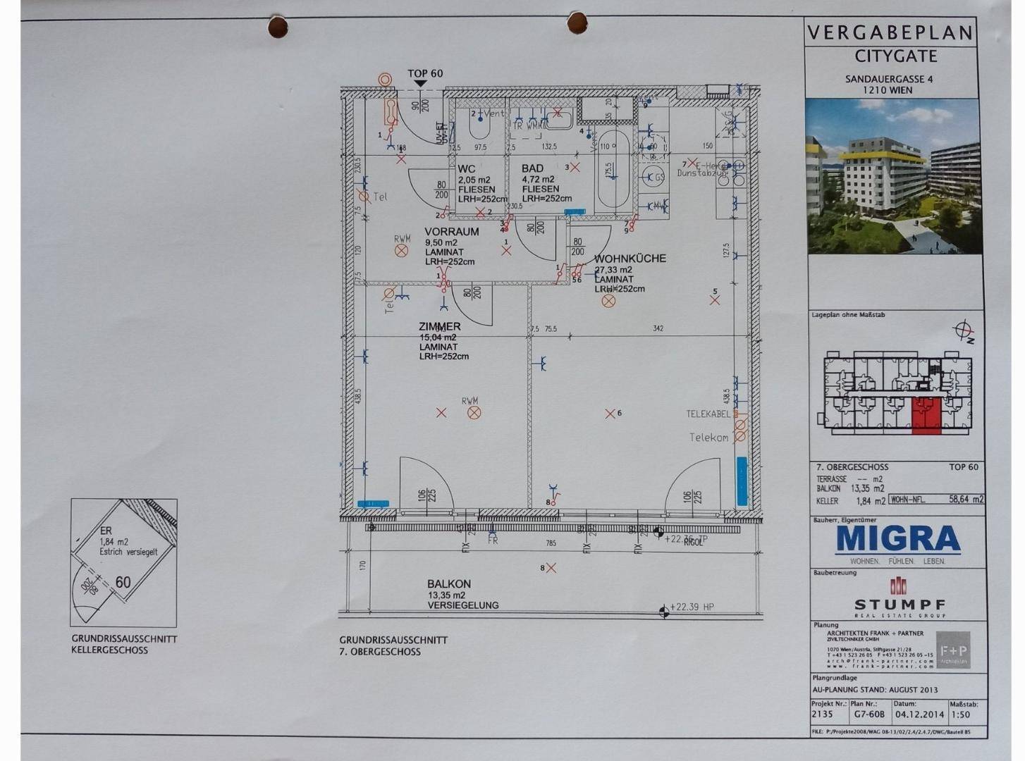 Grundrissplan der Wohnung TOP 60 im 7. Obergeschoss mit Balkon und separatem WC.