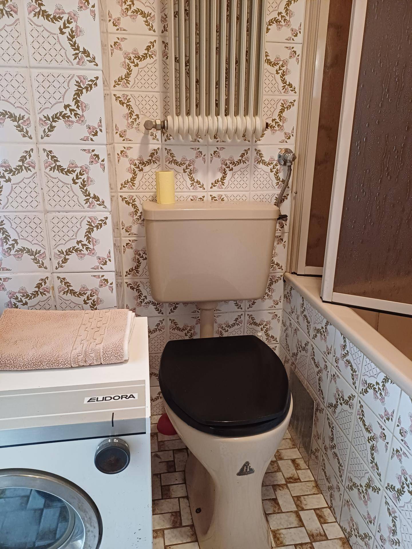 Badezimmer mit WC, Waschmaschine und floral gemusterten Wandfliesen.