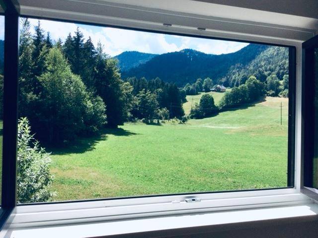 Weitblick aus dem Fenster über eine idyllische grüne Landschaft mit Wäldern und Bergen.