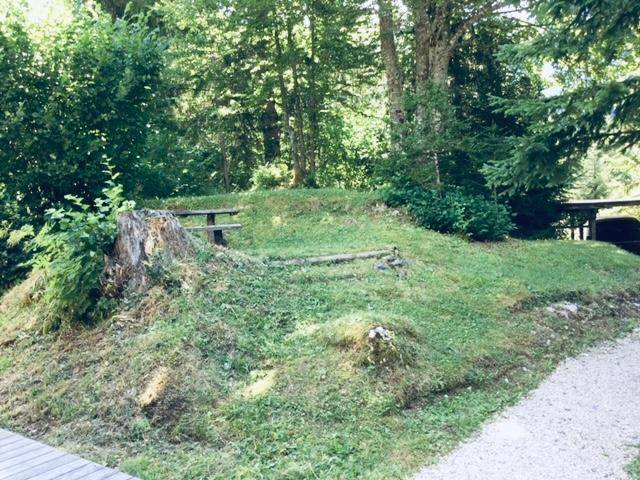 Natürlicher Gartenbereich mit einer rustikalen Holzbank auf einem Baumstumpf, umgeben von Bäumen.