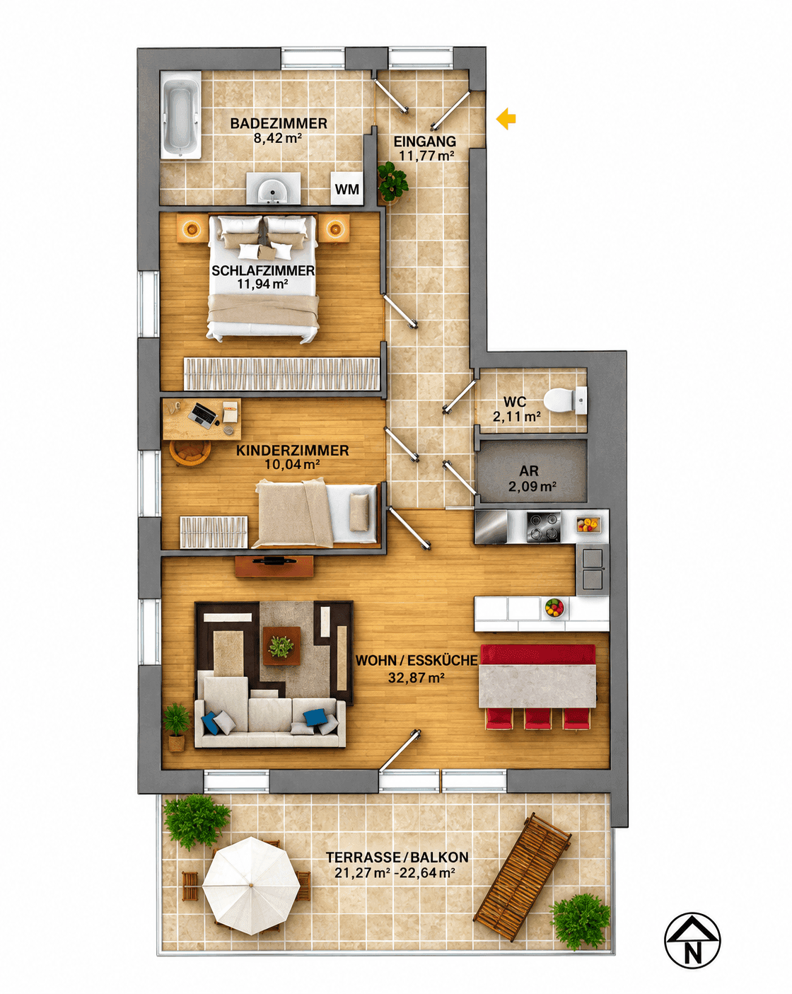 Detaillierter Grundriss der Wohnung mit Raumaufteilung und Flächenangaben.