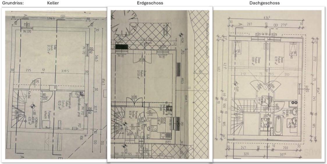 Grundrisspläne für Keller, Erdgeschoss und Dachgeschoss des Hauses.