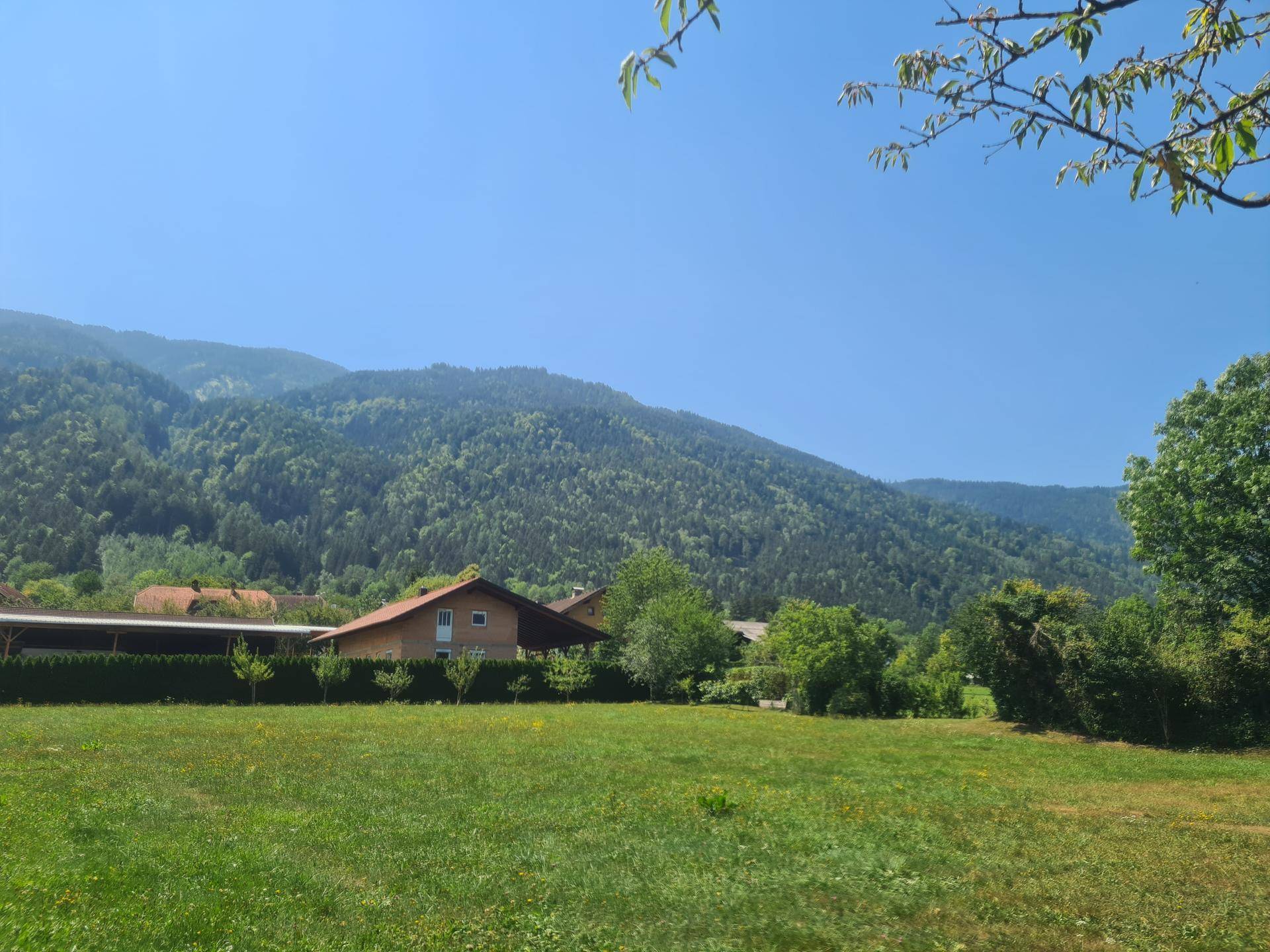 Blick über eine grüne Wiese auf Häuser und einen bewaldeten Berg unter klarem blauen Himmel.