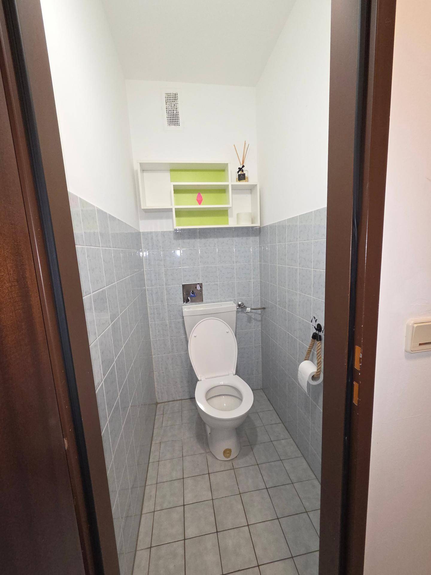 Separate Toilette mit hellblauen und weißen Fliesen sowie einem kleinen Regal für Utensilien.