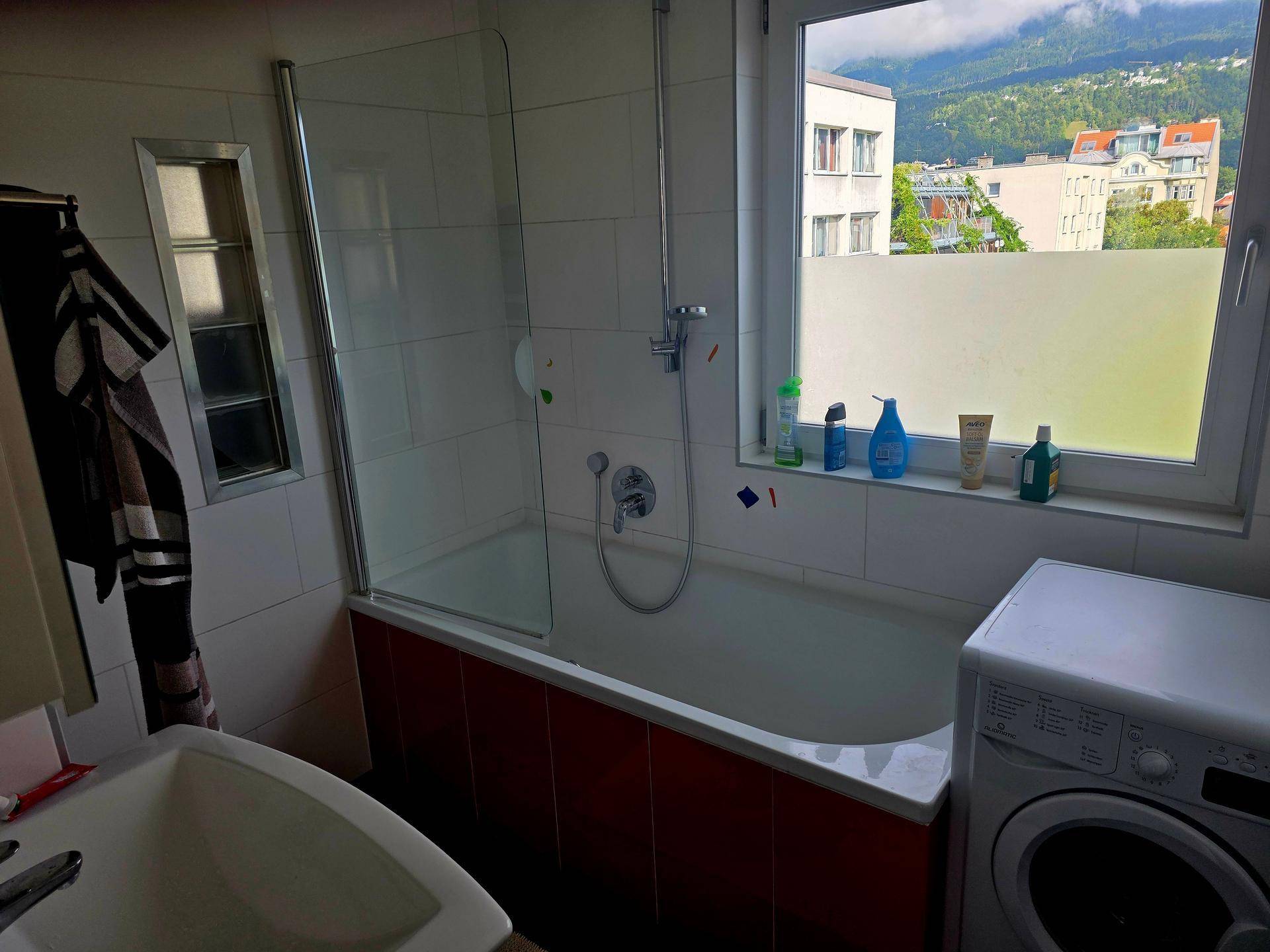 Badezimmer mit Badewanne, Duschabtrennung und Waschmaschine, bietet einen weiten Blick nach draußen.