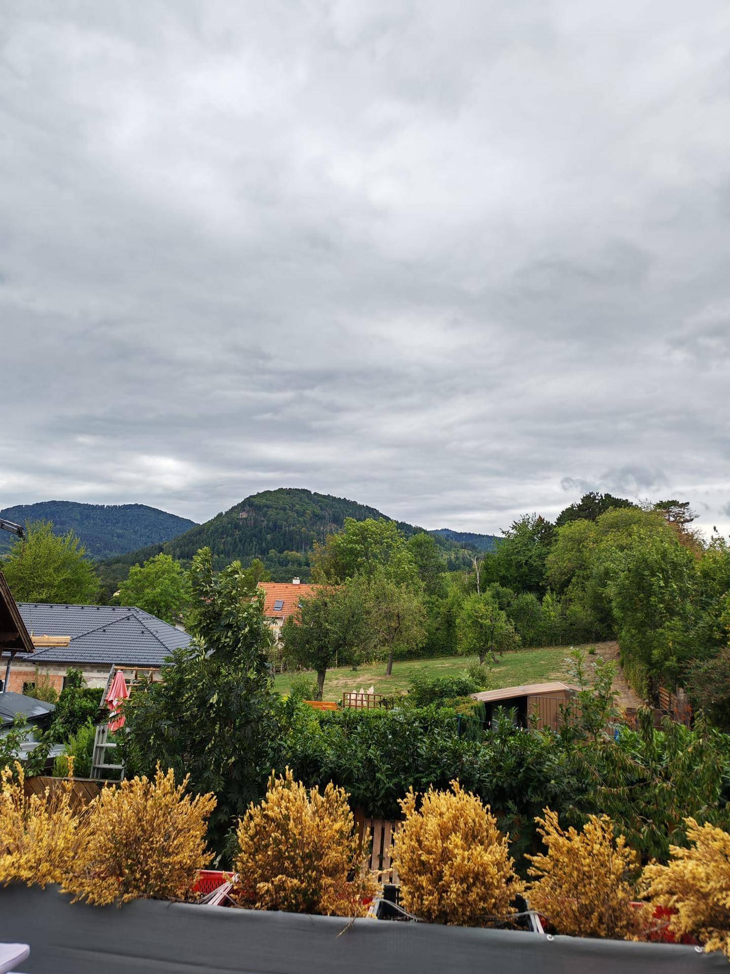 Panoramablick von einem Balkon über eine grüne Landschaft mit bewaldeten Hügeln und vereinzelten Häusern.