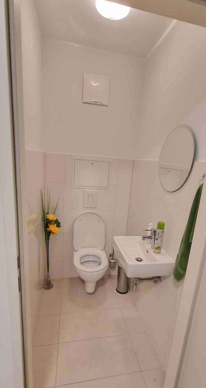 Kleines Gäste-WC mit weißen Fliesen, wandmontierter Toilette und modernem Waschbecken.