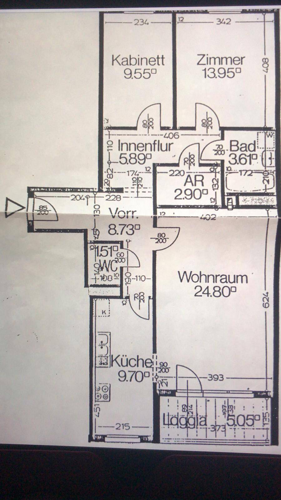 Grundriss der Wohnung mit Zimmern, Bad, Küche und Loggia.