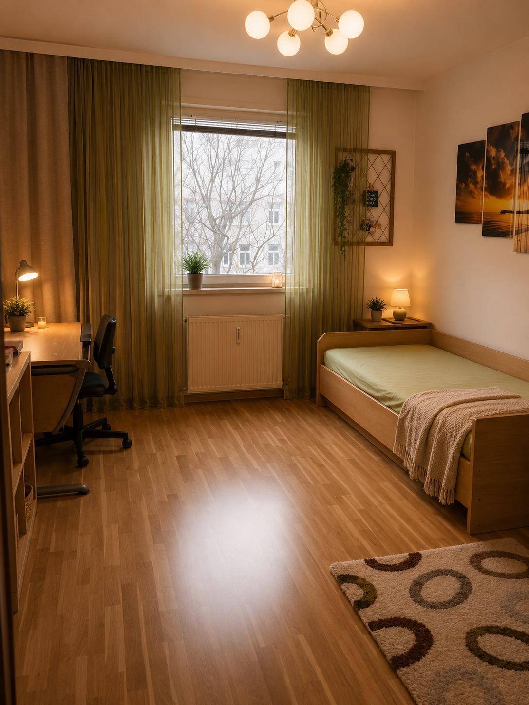 Helles Schlafzimmer mit Schreibtisch, Einzelbett und Holzboden, ideal als Gästezimmer.