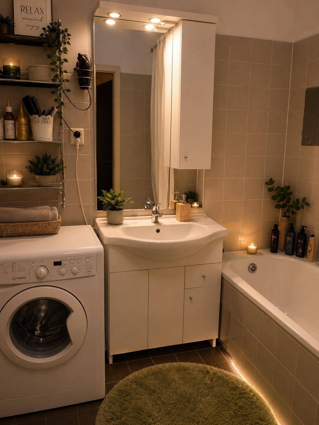 Funktionales Badezimmer mit Badewanne, Waschmaschine und hellen Fliesen.