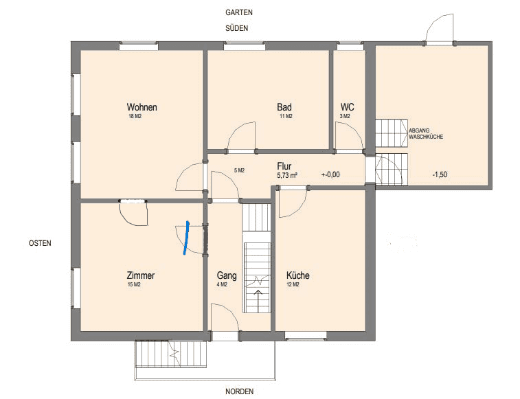 Grundriss des Erdgeschosses mit Wohnzimmer, Küche, Bad und separatem WC.