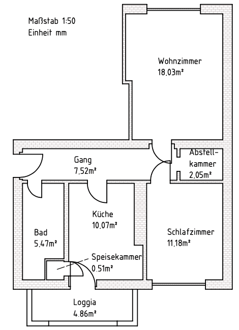 Detaillierter Grundriss der Wohnung mit Wohnzimmer, Schlafzimmer, Küche und Loggia.
