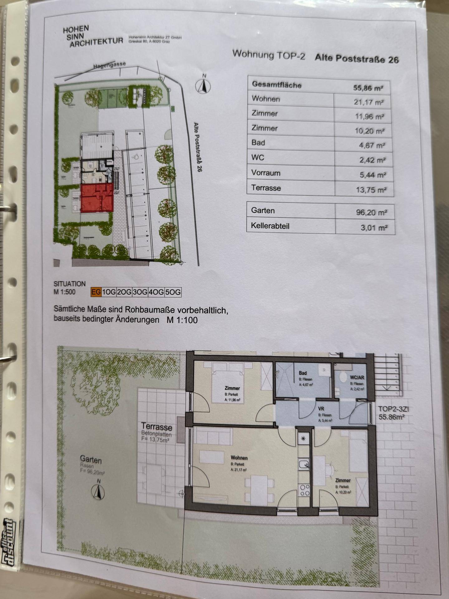 Detaillierter Grundriss der Wohnung TOP-2 mit Raumaufteilung und Flächenangaben.