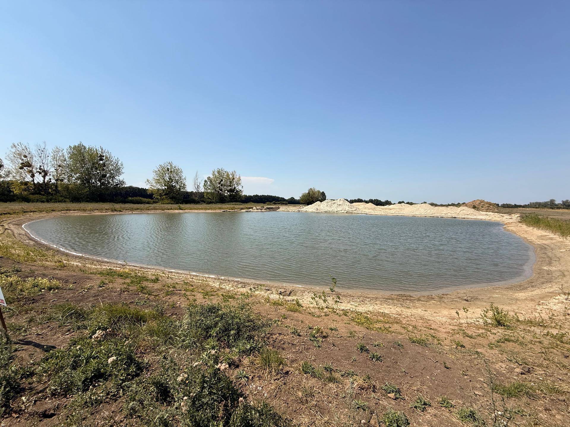 Panoramablick auf einen Teich mit sandigen Ufern und spärlicher Vegetation unter blauem Himmel.