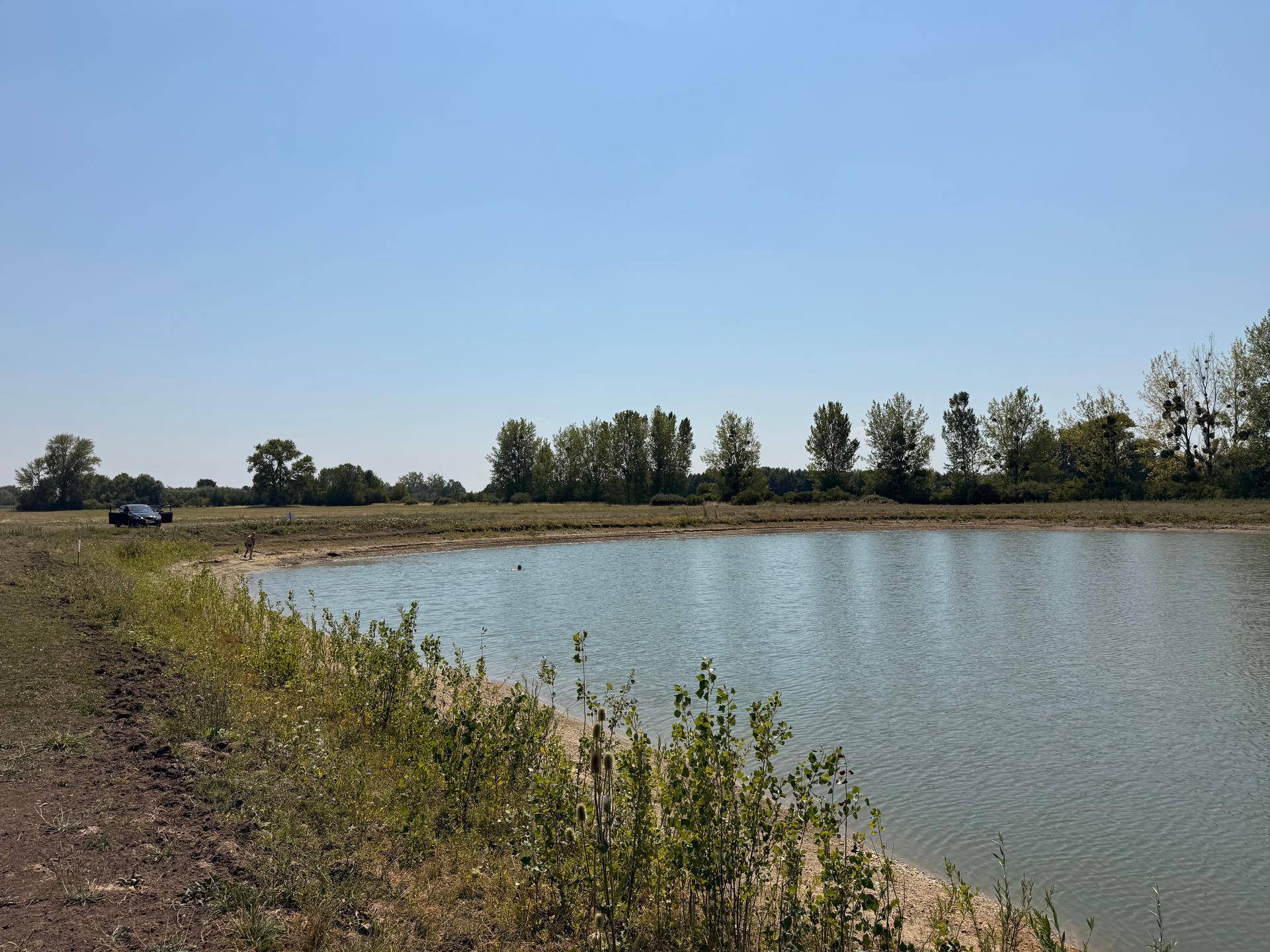 Panoramablick auf einen ruhigen Teich, umgeben von grünen Ufern und Bäumen am Horizont mit einem Fahrzeug.