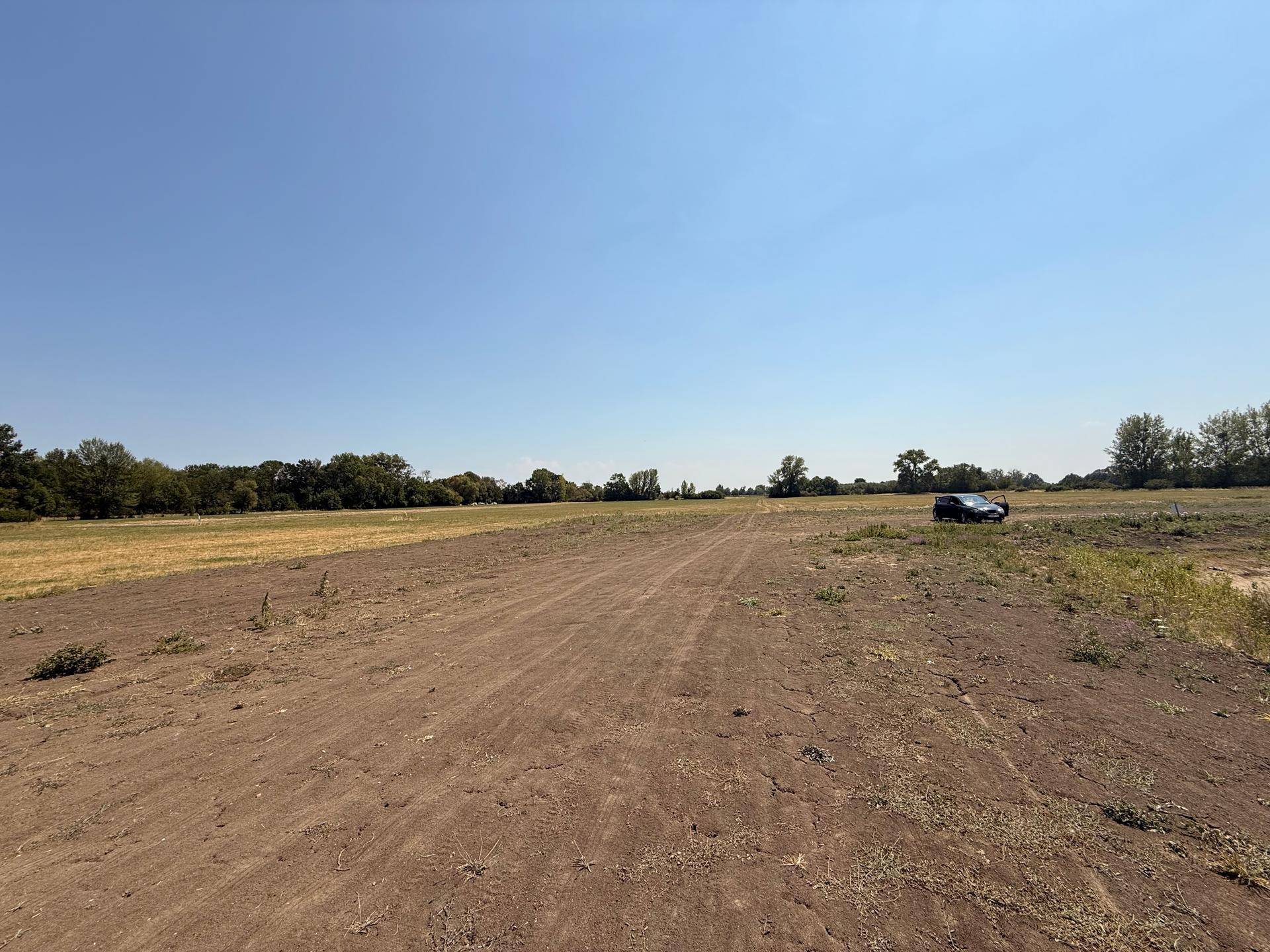 Weitläufiges, offenes Feld mit trockenem Boden und einem Fahrzeug in der Ferne unter blauem Himmel.