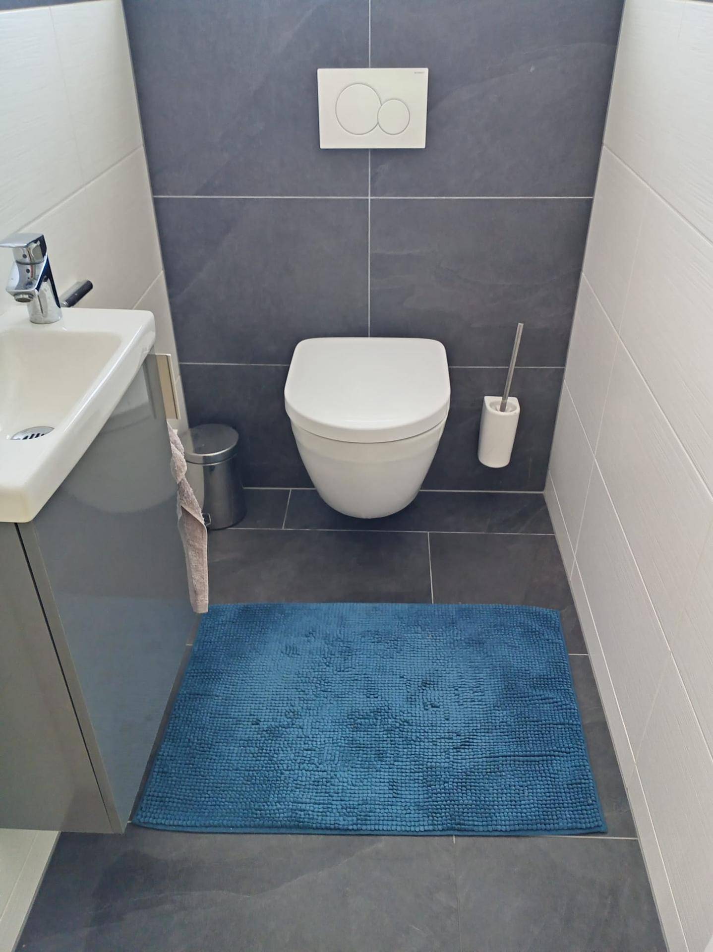Modernes Gäste-WC mit wandhängendem WC, kleinem Waschbecken und blauem Teppich.