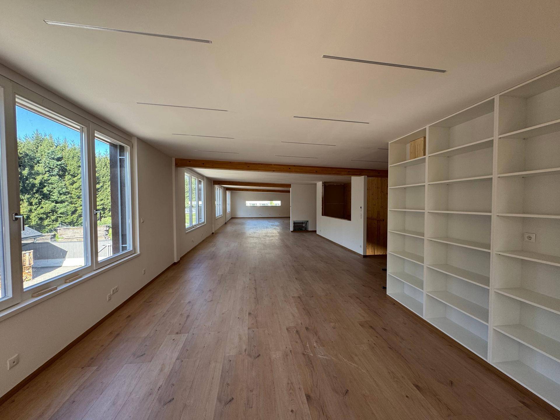 Weitläufiger, heller Büroraum mit Holzboden, großen Fenstern und einer langen Regalwand.