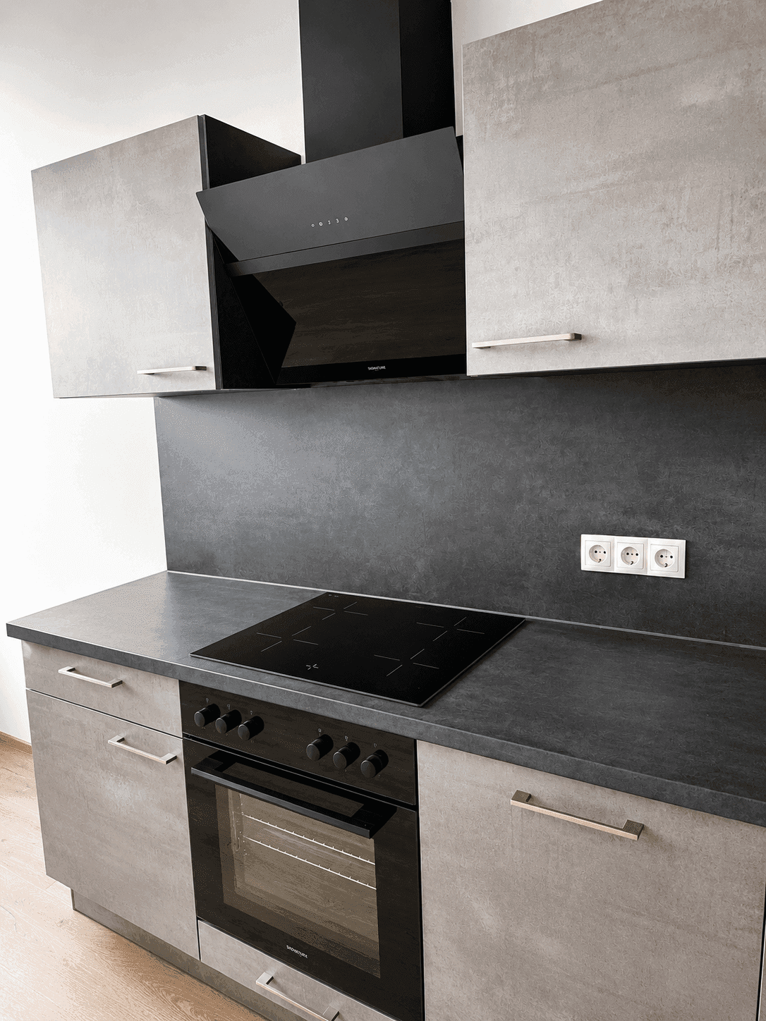 Detailansicht der modernen Küche mit Induktionskochfeld, Backofen und Dunstabzugshaube.