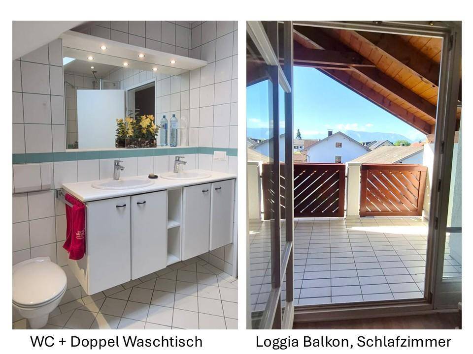 Badezimmer mit Doppelwaschtisch und Blick vom Schlafzimmerbalkon auf die Umgebung.
