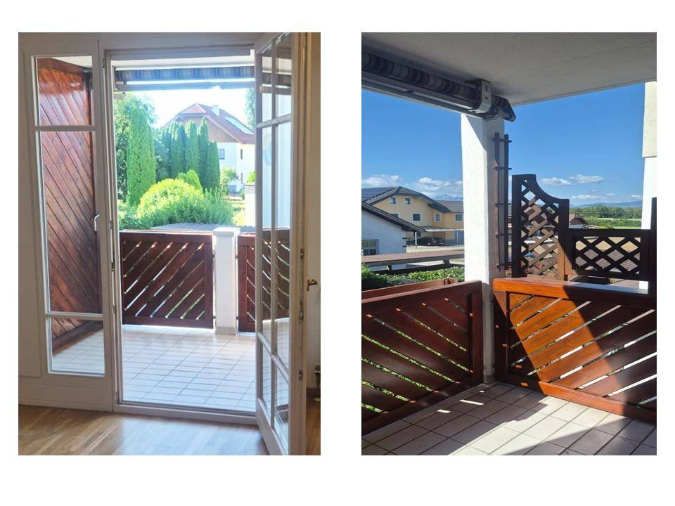 Lichtdurchflutetes Wohnzimmer mit Zugang zum Balkon und Blick auf die grüne Umgebung.