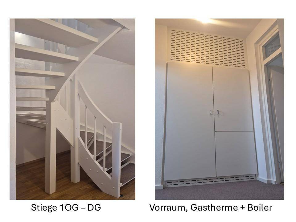 Weiße Wendeltreppe zum Dachgeschoss und ein praktischer Wandschrank für Gastherme und Boiler.