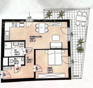 Grundriss einer Wohnung mit offenem Wohn-/Kochbereich, Schlafzimmer, Bad und einem Balkon.