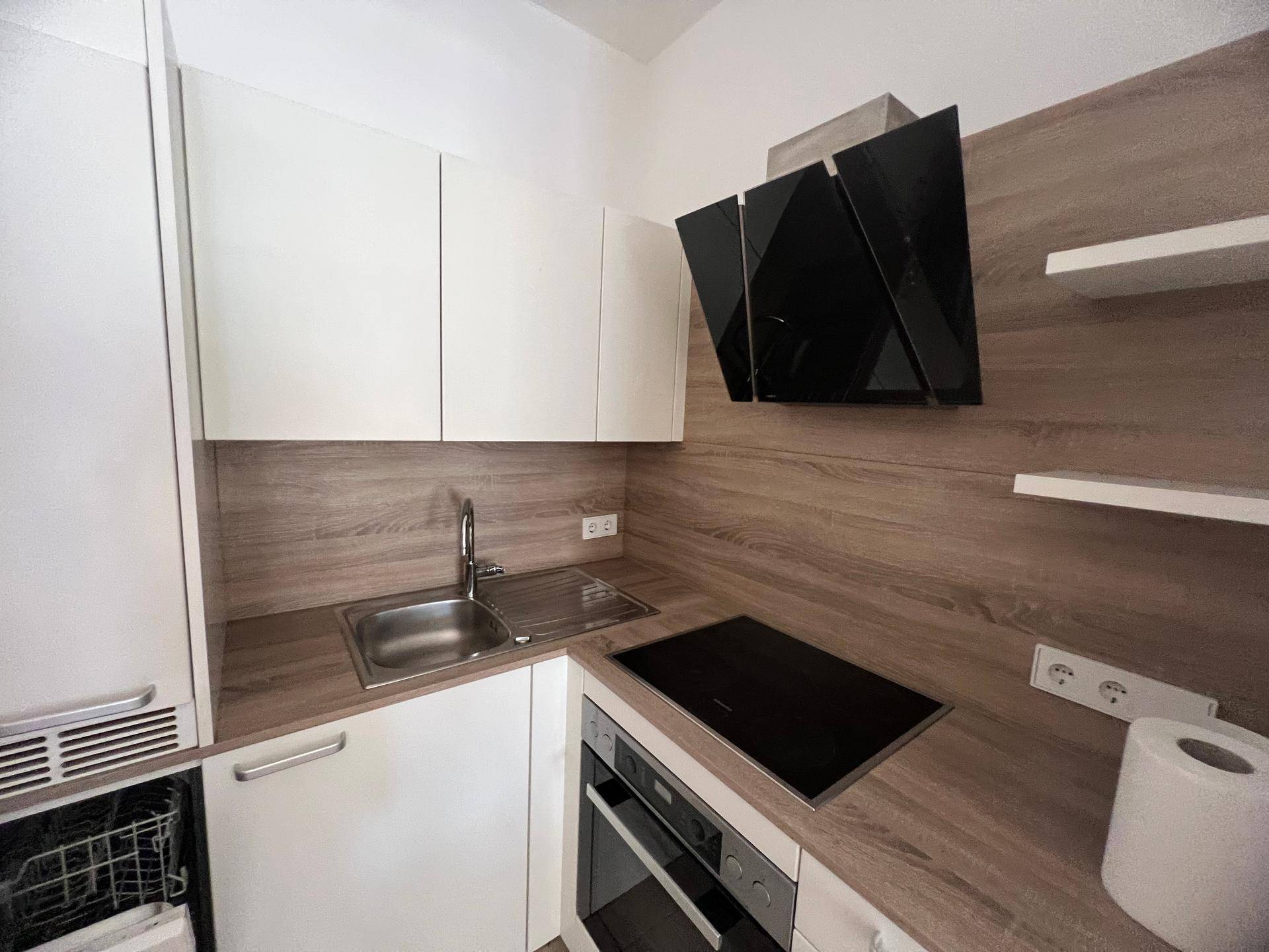 Moderne Küche mit Spüle, Induktionskochfeld, Backofen und integriertem Geschirrspüler.