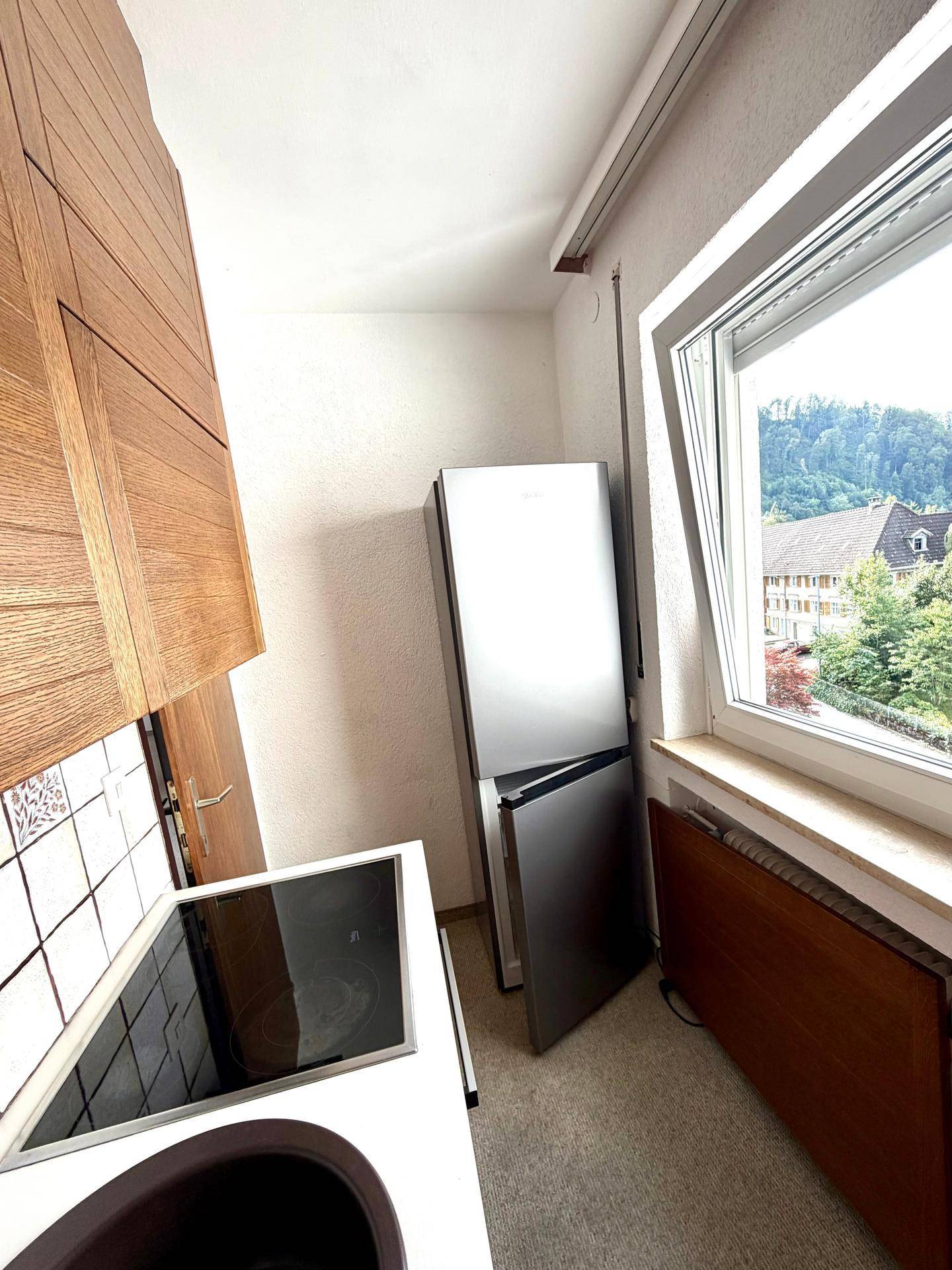 Kleine Küche mit Holzschränken, Induktionskochfeld und einem freistehenden Kühlschrank.