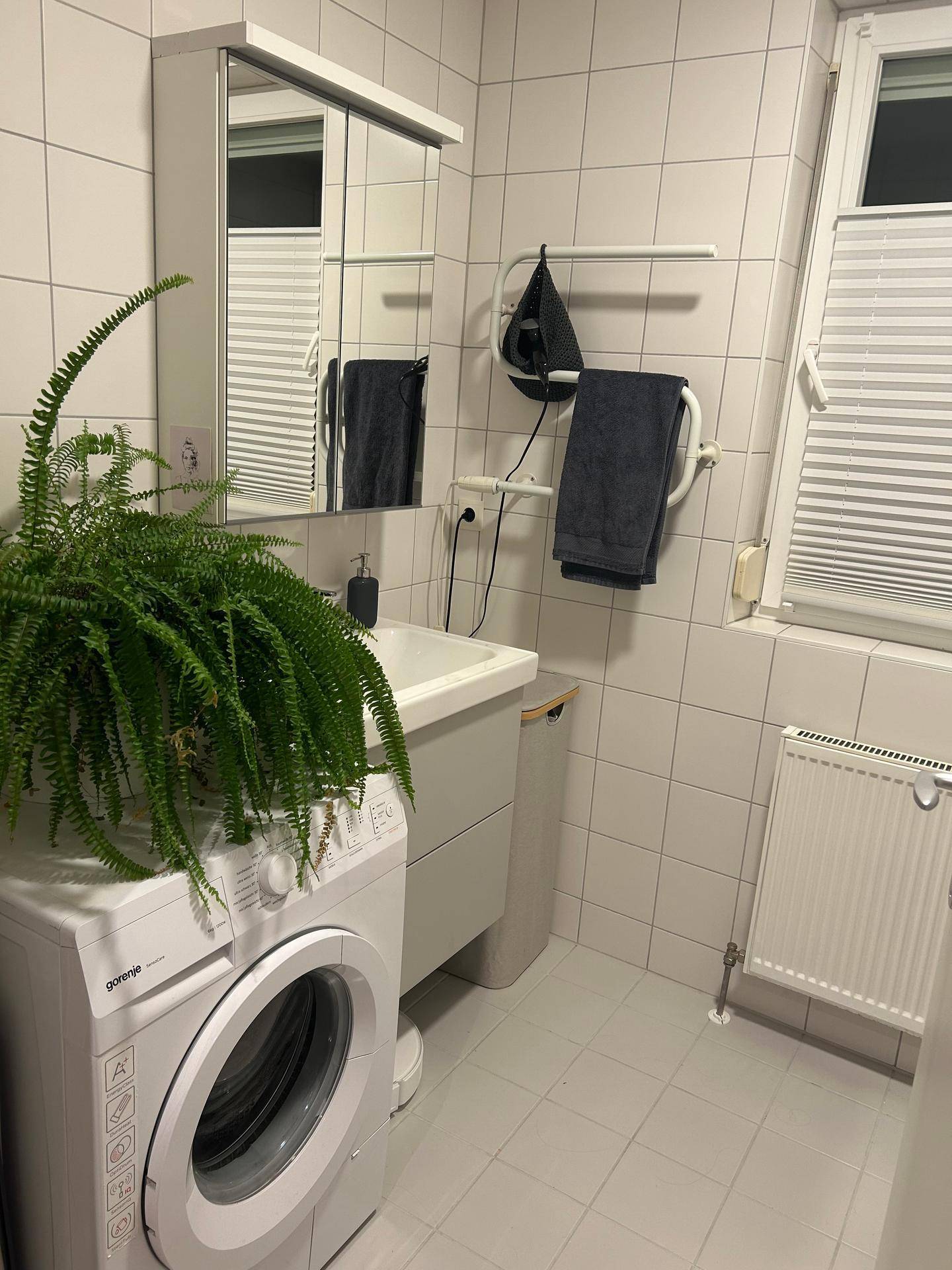 Funktionales Badezimmer mit weißen Fliesen, Waschbecken, Spiegelschrank und einer Waschmaschine.