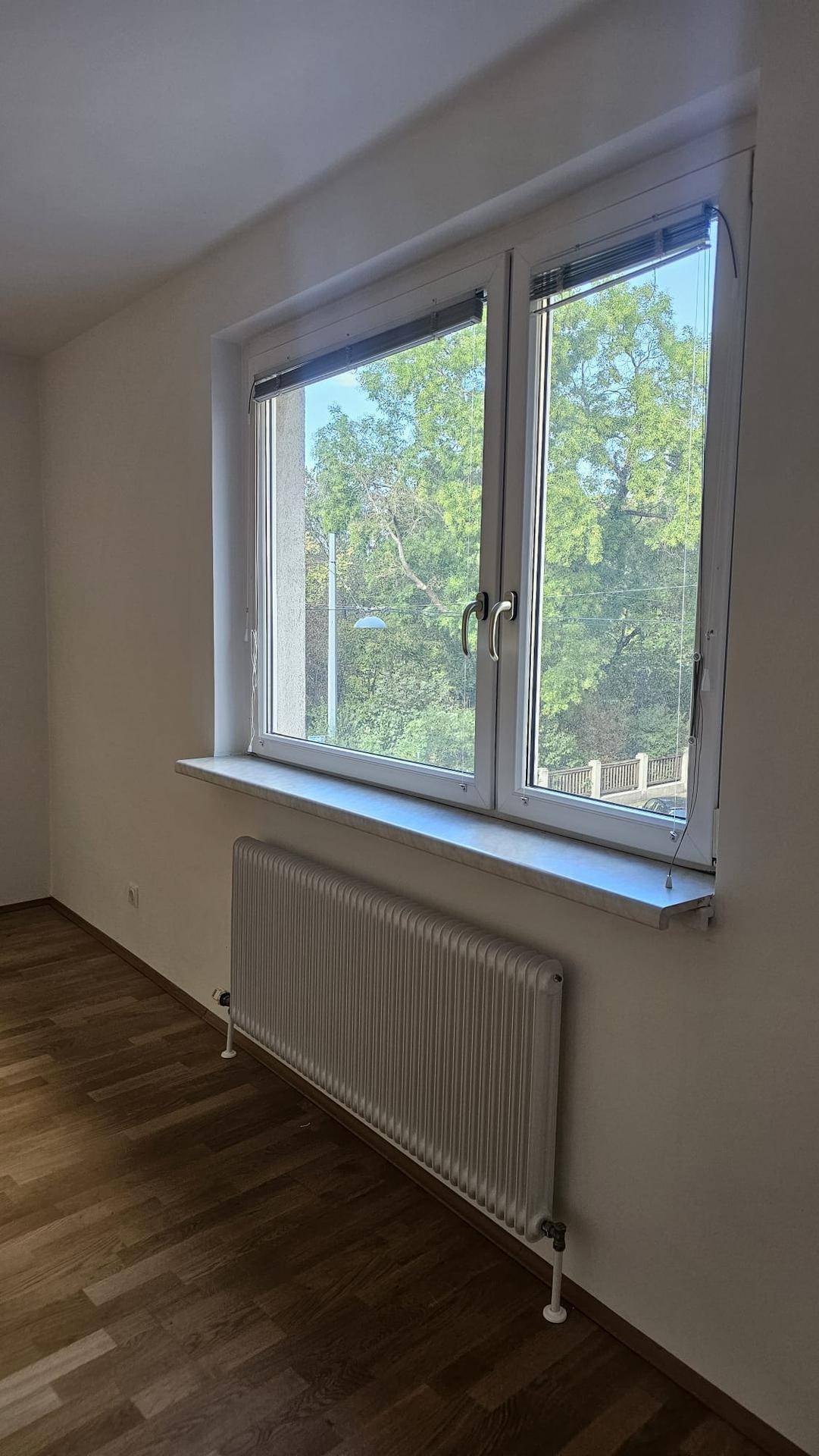 Großes Fenster in einem hellen Zimmer, darunter ein Heizkörper und Blick auf grüne Bäume.