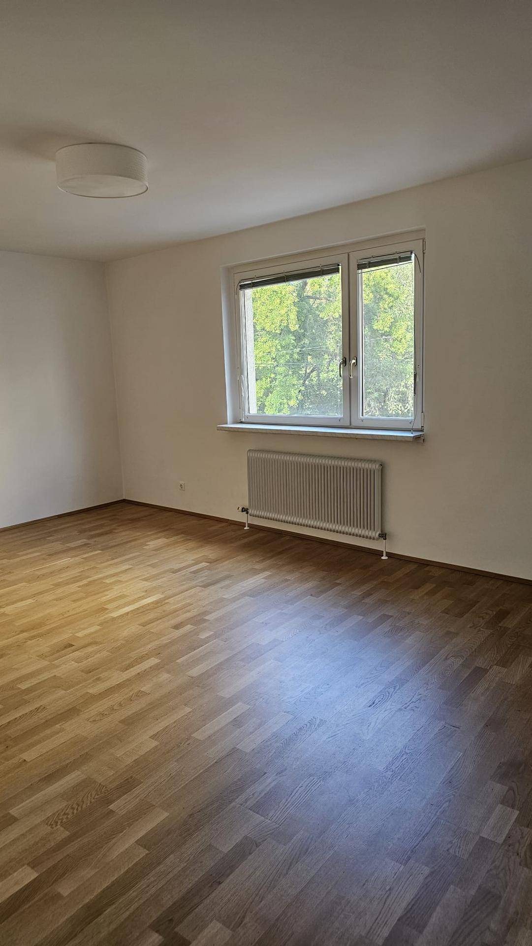 Helles, leeres Zimmer mit Parkettboden und großem Fenster mit Blick ins Grüne.