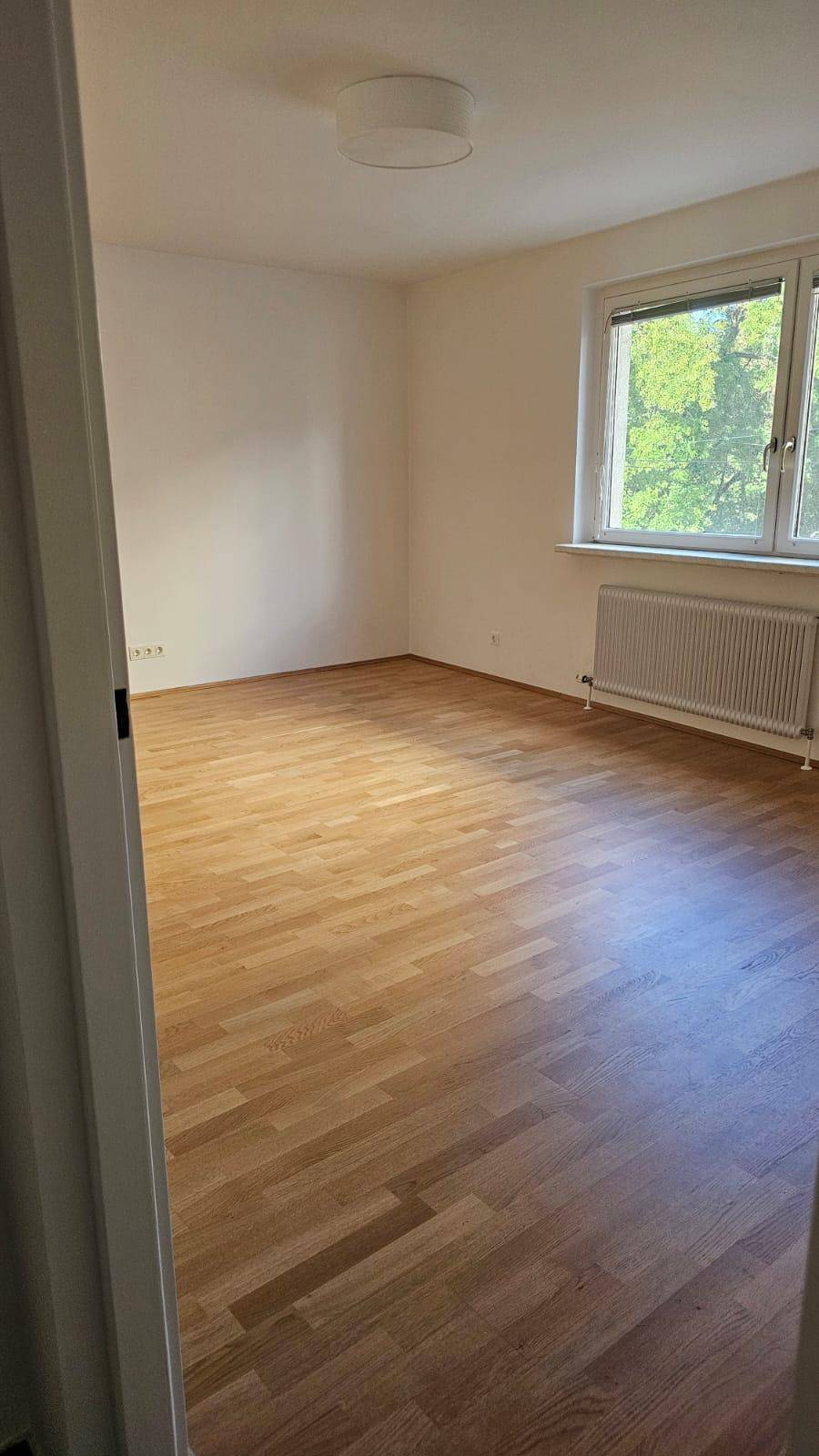 Helles, leeres Zimmer mit Parkettboden und großem Fenster mit Blick ins Grüne.
