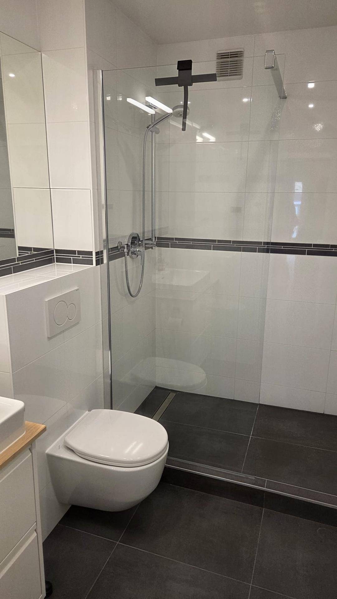 Modernes Badezimmer mit dunklen Bodenfliesen, weißer Wandverkleidung, wandhängendem WC und begehbarer Dusche.