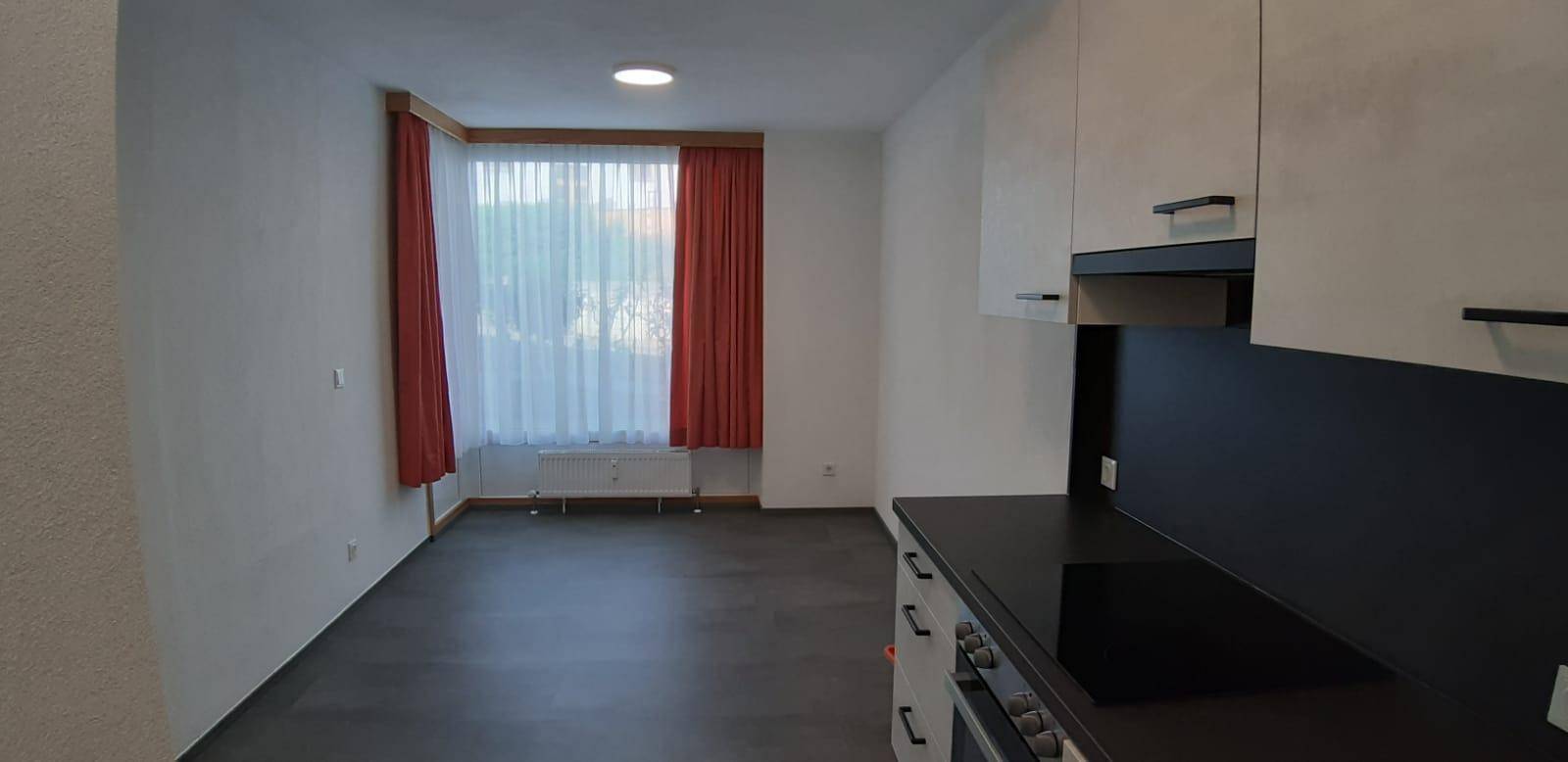 Offener Wohnbereich mit Küchenzeile, dunklem Boden und großem Fenster mit Vorhängen.