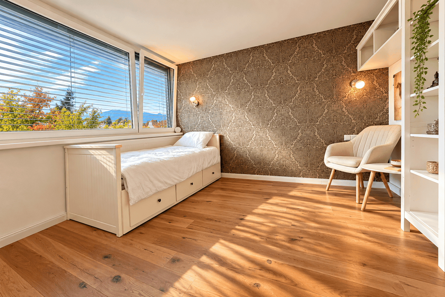 Helles Schlafzimmer mit Holzboden, gemusterter Tapete und großem Fenster mit Jalousien.