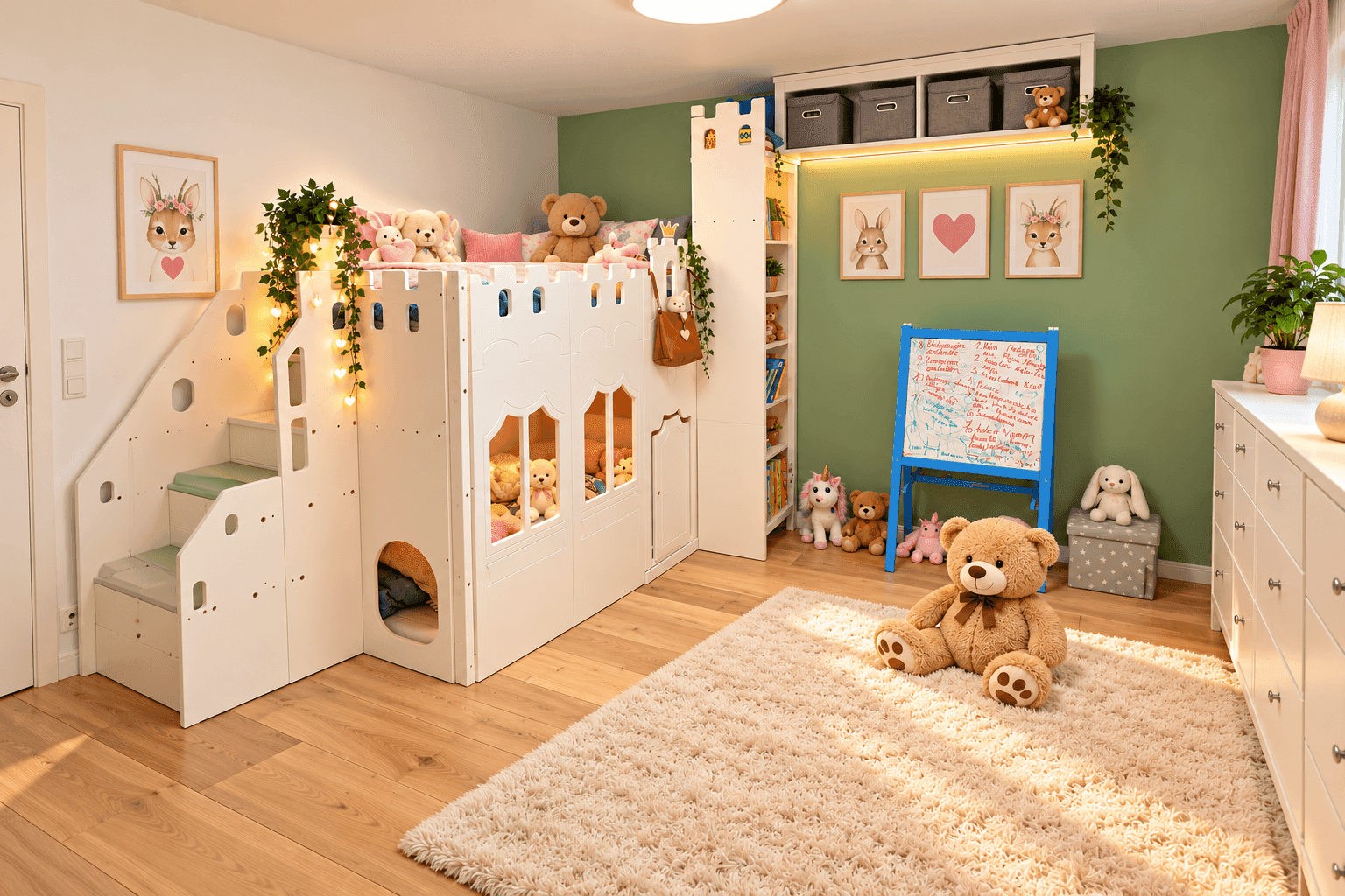 Freundliches Kinderzimmer mit Spielbett, Teppich und farbenfroher Dekoration.