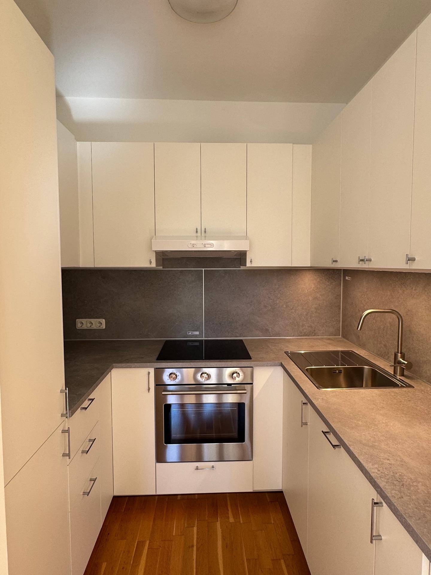 Moderne Küchenzeile mit weißen Schränken, Induktionskochfeld und integriertem Backofen.