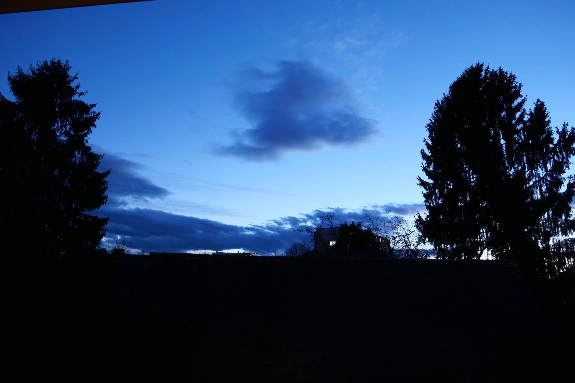 Abendlicher Himmel über einer ländlichen Landschaft mit dunklen Baumkonturen im Vordergrund.